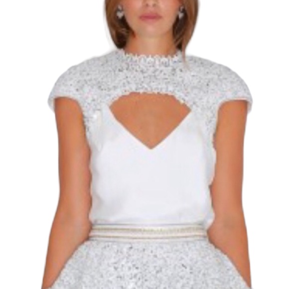 IXIAH x Free People Lacuna Sequin 4 | Sm Silver White Lace Overpiece Tie Top - Picture 3 of 11